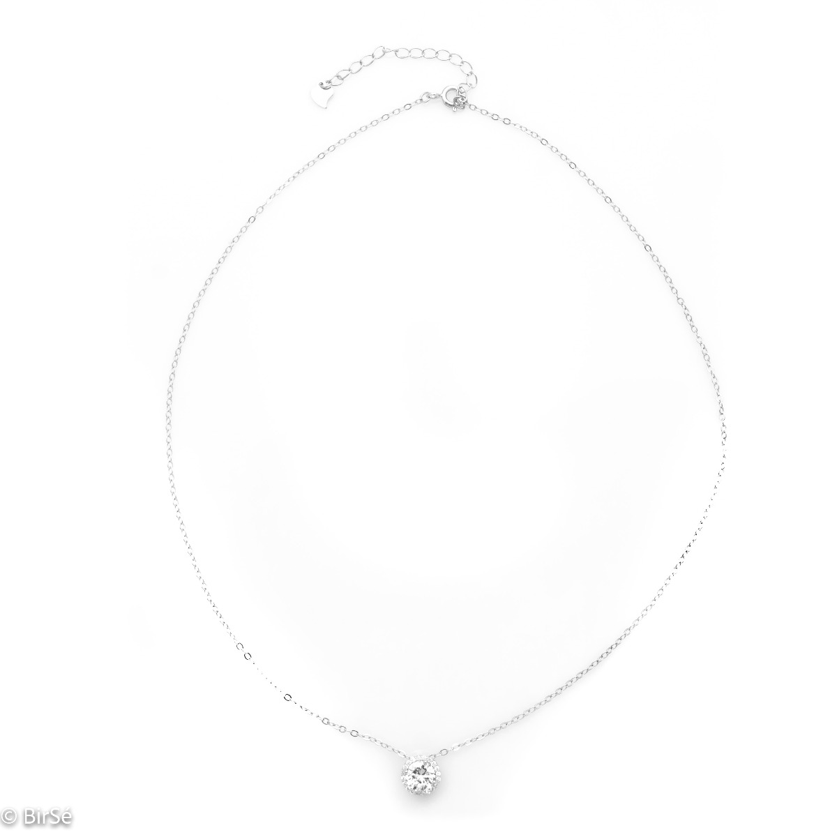 An elegant women's necklace with exquisite craftsmanship entirely made of rhodium-plated silver. A dazzling zircon is attached to a fine chain, accompanied by numerous small zircons.