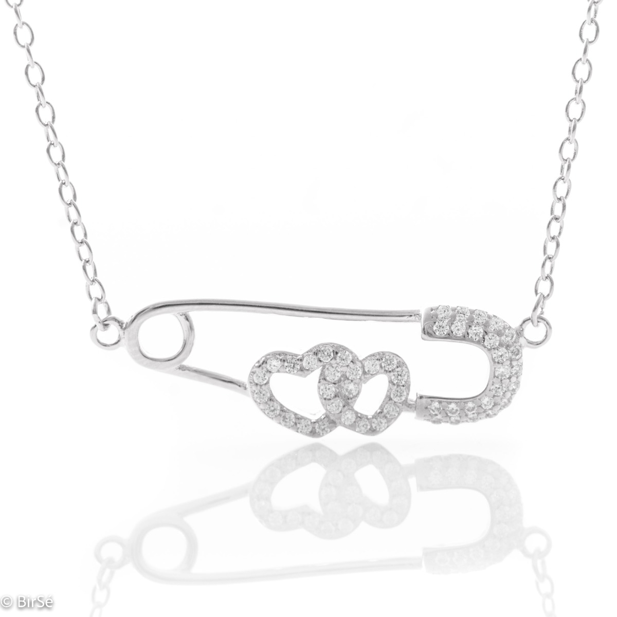 Extravagant women's necklace in delicate rhodium-plated silver in the shape of a safety pin, elegantly holding two hearts in love. For the lady of your heart.