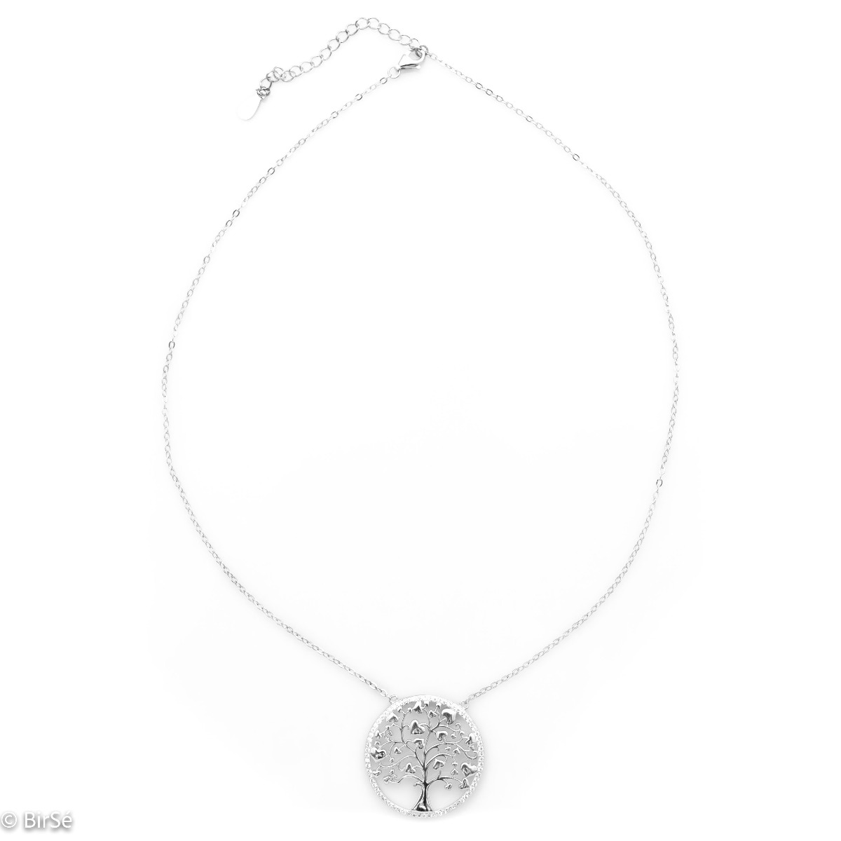 A charming women's necklace with precision rhodium-plated silver craftsmanship and delicate details forming the Tree of Life, surrounded by sparkling zircons.