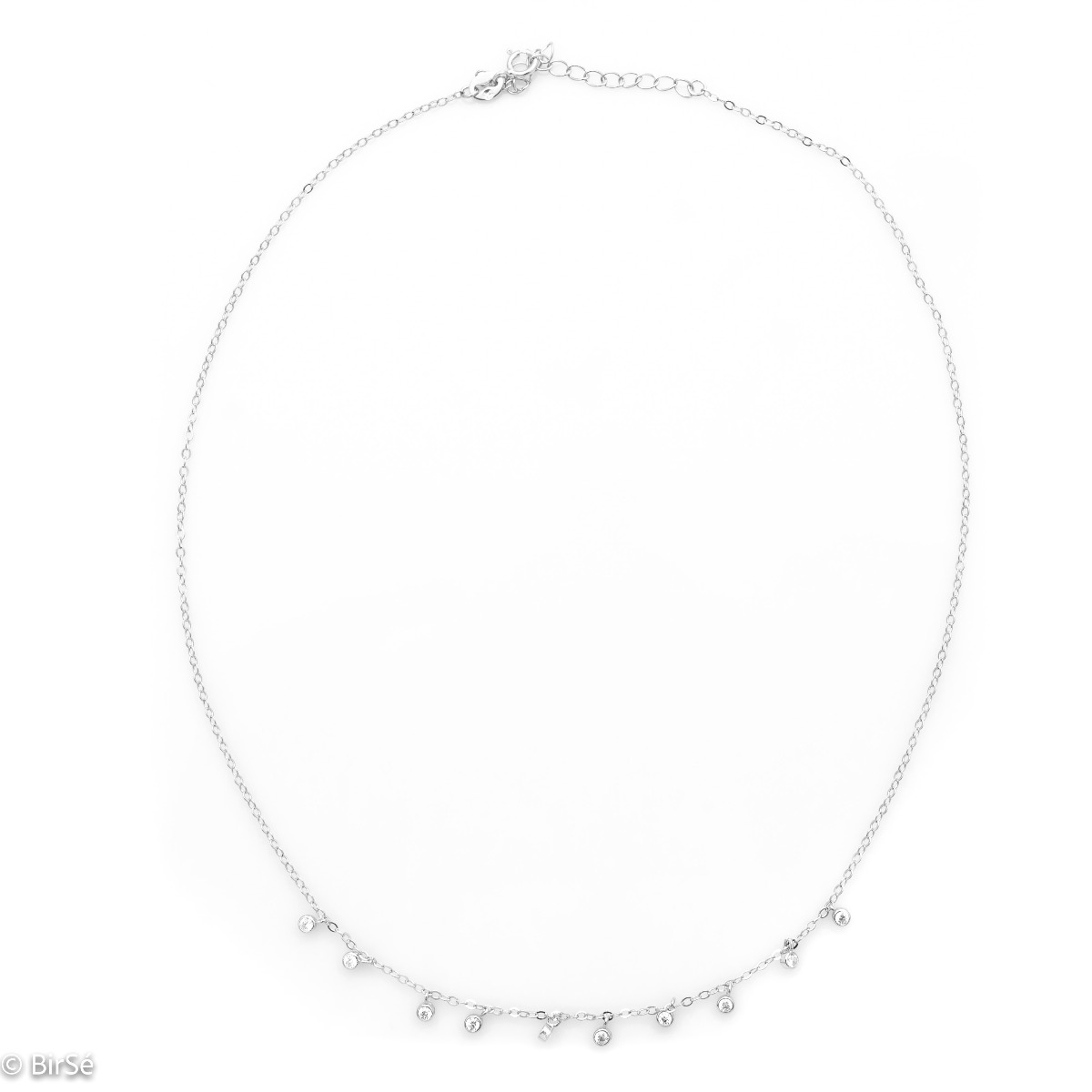 Stylish women's necklace in fine rhodium silver with pendants of sparkling zircons. The model is suitable for both official events in your life and for everyday life.