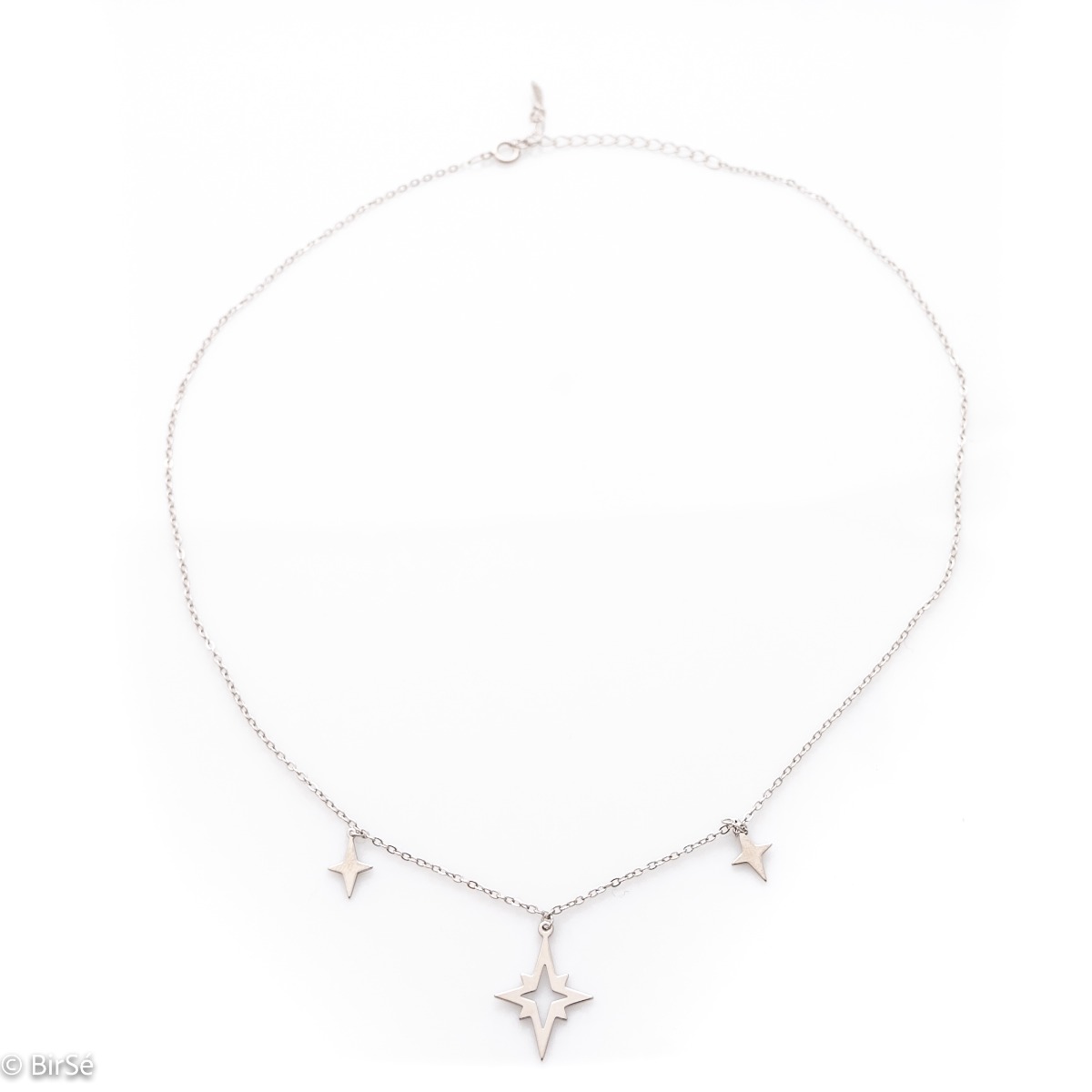 Stone-clear silver women's necklace with exquisitely crafted pendants, in the shape of the Vechernitsa star.