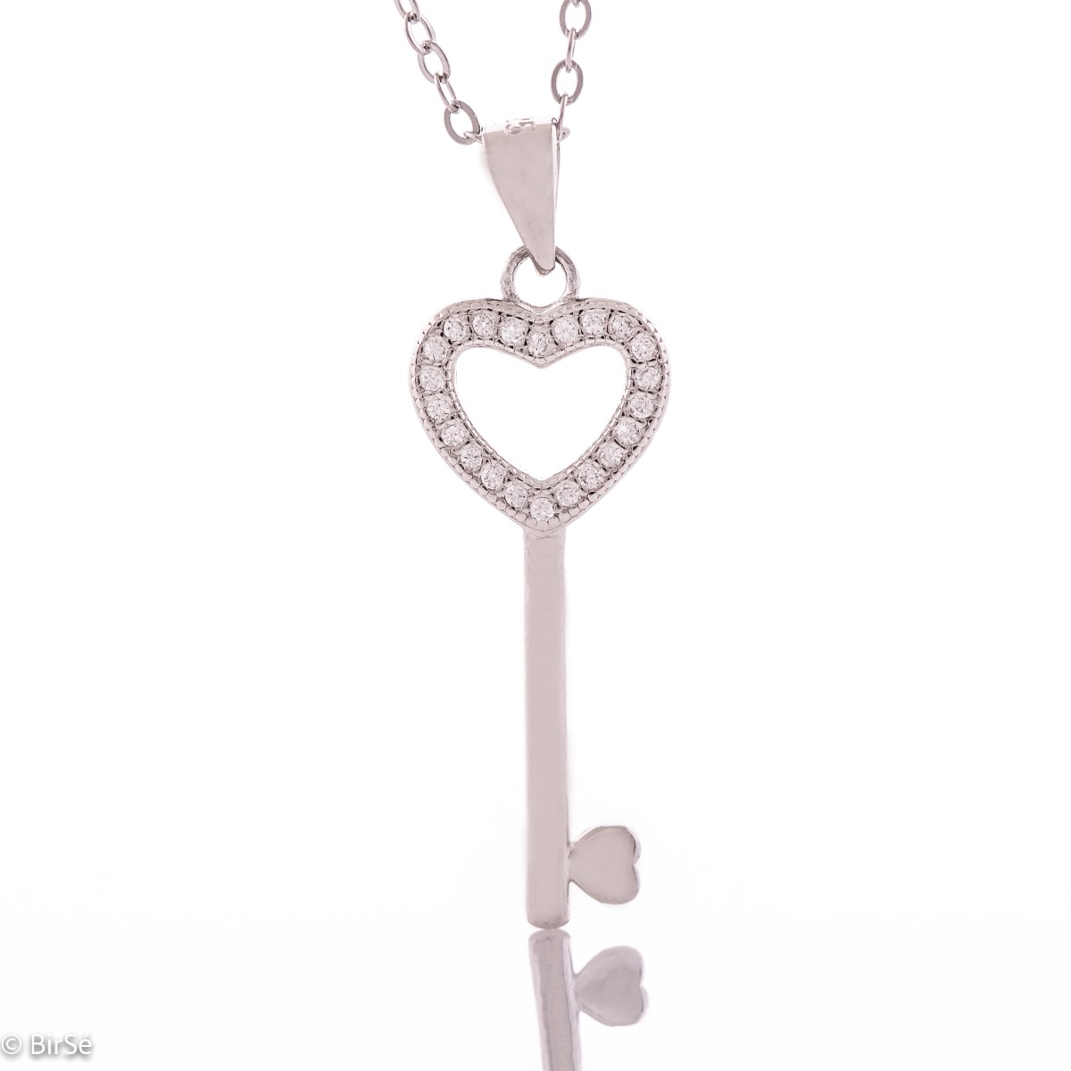 A charmingly beautiful women's key pendant necklace, with a masterful craftsmanship entirely of rhodium-plated silver and added zircons. The key has heart elements, a suitable gift for girls in love.