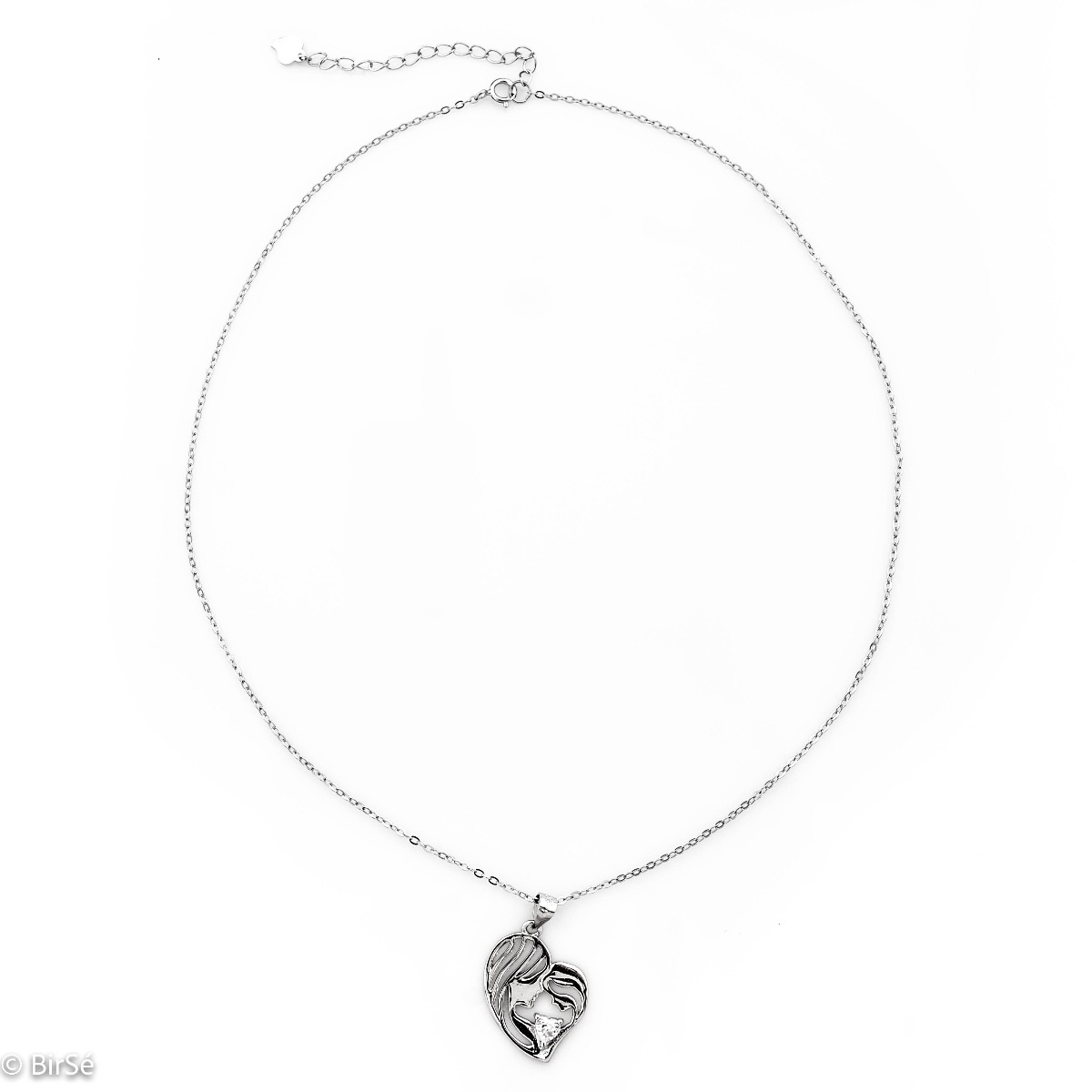 Silver necklace - "Mother's love" is an exquisite piece of jewelry, crafted with great craftsmanship from beautiful rhodium-plated silver. Heart of zircon, gives extra shine to the necklace. A suitable gift for mothers-to-be or for the christening of a ch