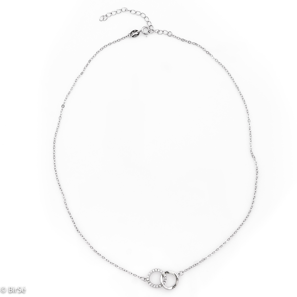 A spectacular women's necklace made of fine rhodium silver with elegantly crafted elements, exquisitely decorated with sparkling zircons. The necklace symbolizes the eternal bond that nothing can break. A suitable gift for the beloved fiancee and future w