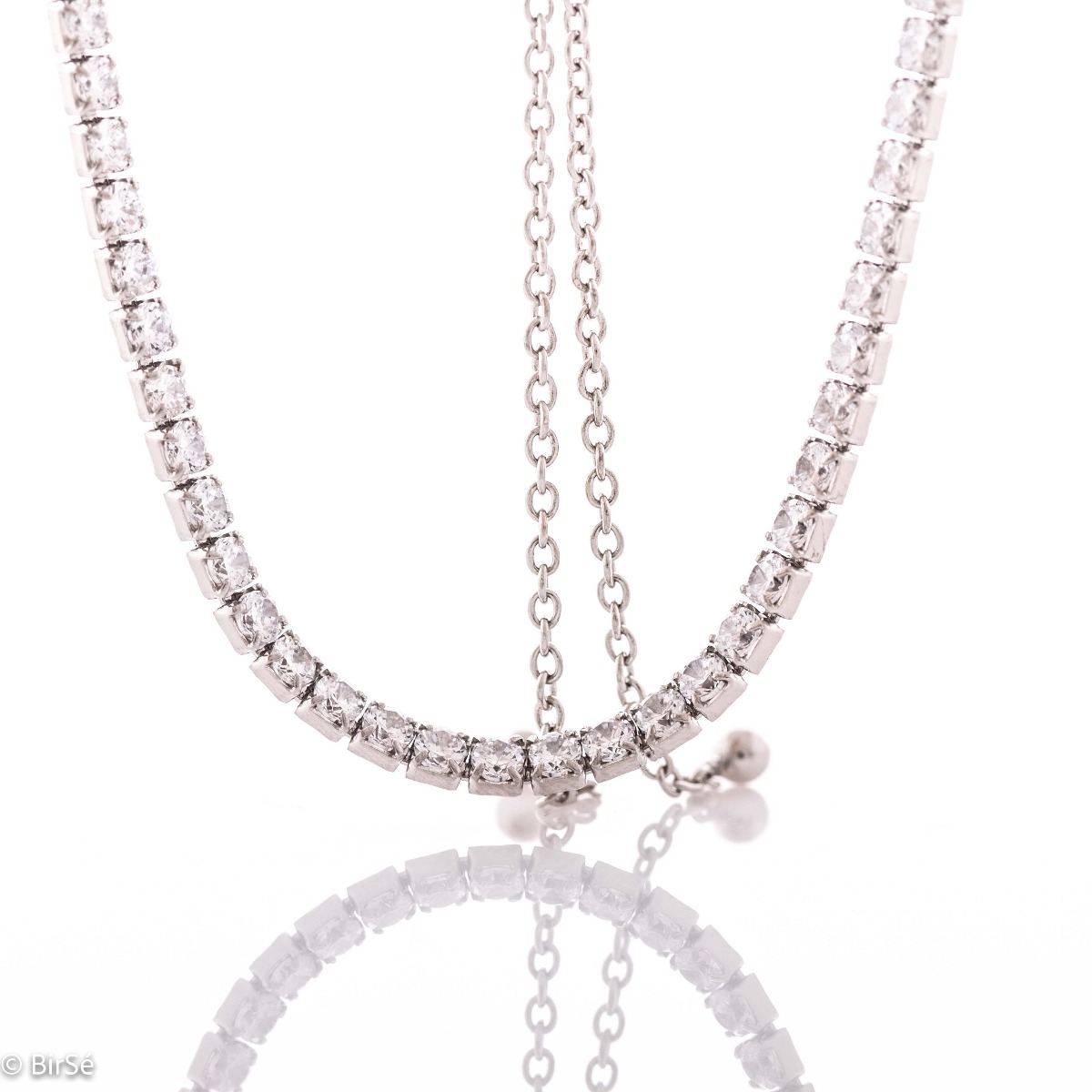 Stylish women's silver necklace, made entirely of rhodium-plated silver and covered with sparkling zircons. The necklace is an adjustable elevator type size, extremely convenient for formal outfits.