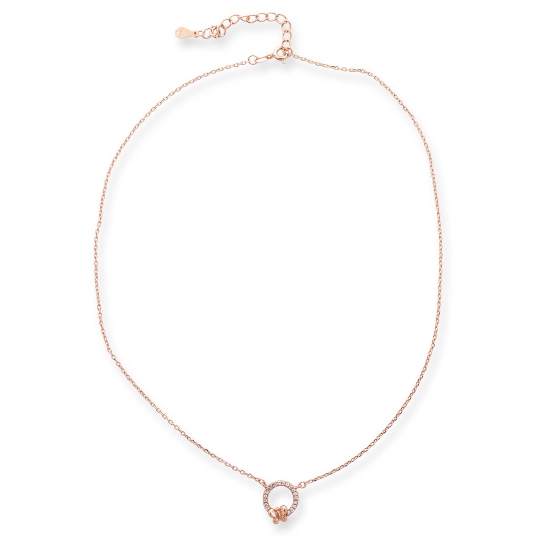 A lovely necklace in soft rose silver, with an elegantly shaped circle, all studded with sparkling zircons. A small, delicate butterfly is perched timidly on the stones. The necklace is an ideal gift to please a friend or beloved woman.