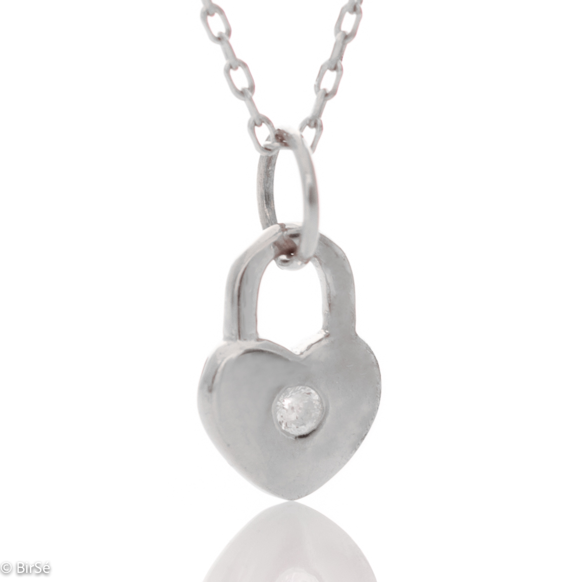 A delicate women's necklace made entirely of lovely rhodium-plated sterling silver with a padlock shape, an elegant heart-like design and a sparkling cubic zirconia for extra opulence.