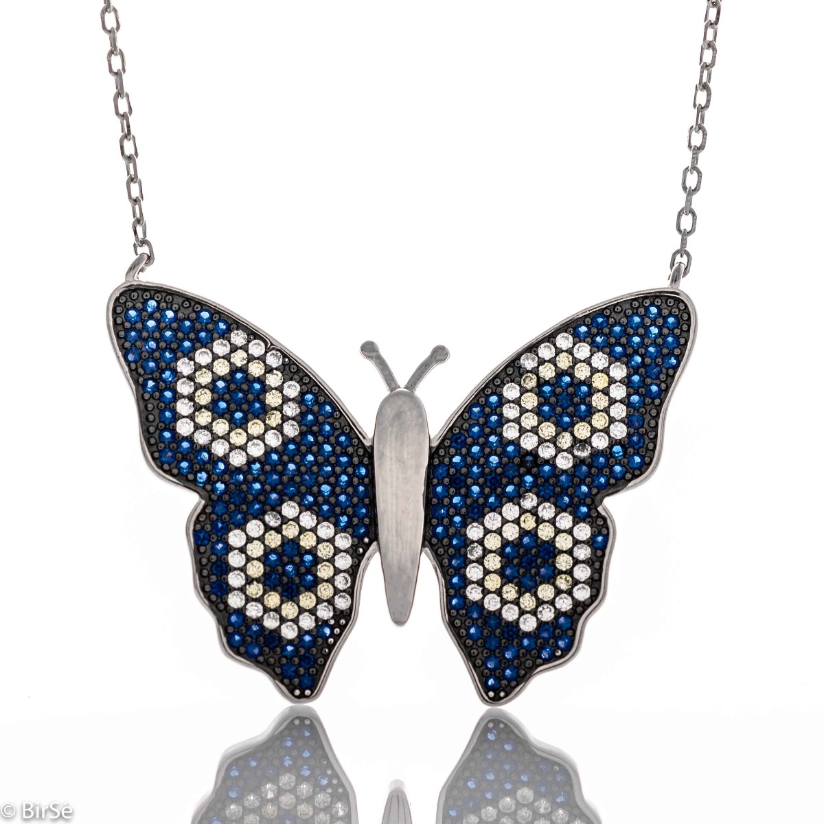 Elegant butterfly necklace for women with precision craftsmanship, combining exquisite rhodium-plated silver with sparkling fine multi-colored zircons.