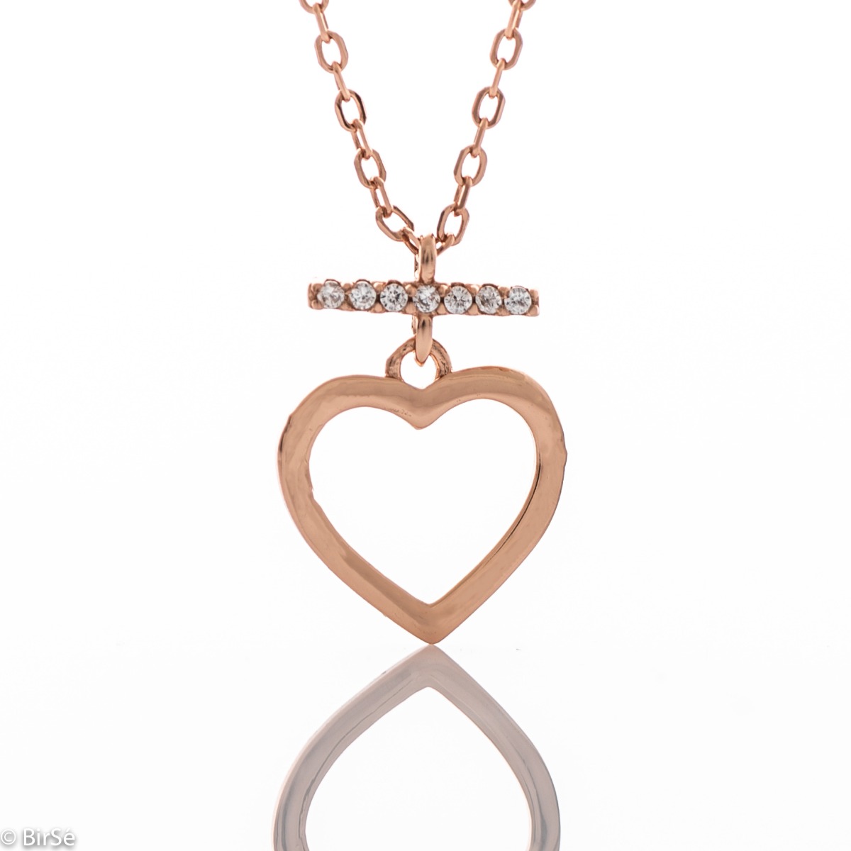 Stylish women's necklace with a delicate heart made entirely of beautiful rhodium-plated rose silver, complemented by the shine of fine zircons.