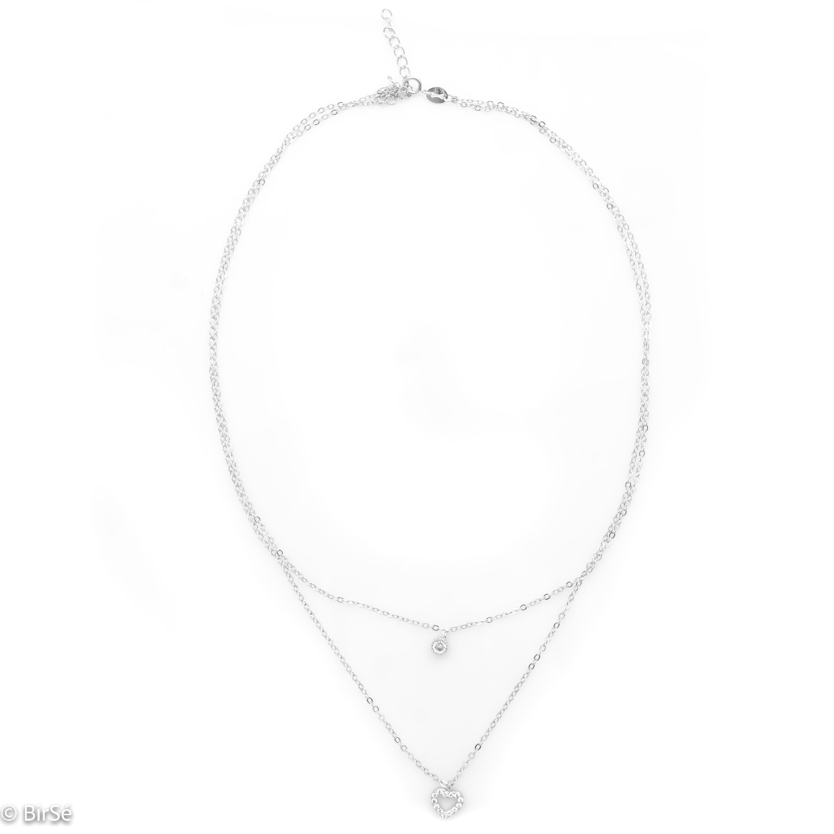 Elegant women's two-level necklace in classic soft silver with beautifully arranged heart pendants and sparkling zircon. Modern and popular model, suitable for everyday life or for more special moments.