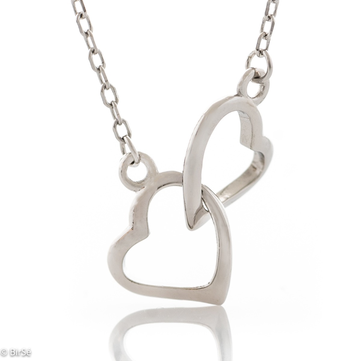 Tempting creation of women's necklace from fine rhodium silver with two intertwining hearts, a symbol of eternal love. The jewelry is suitable for every romantic lady.