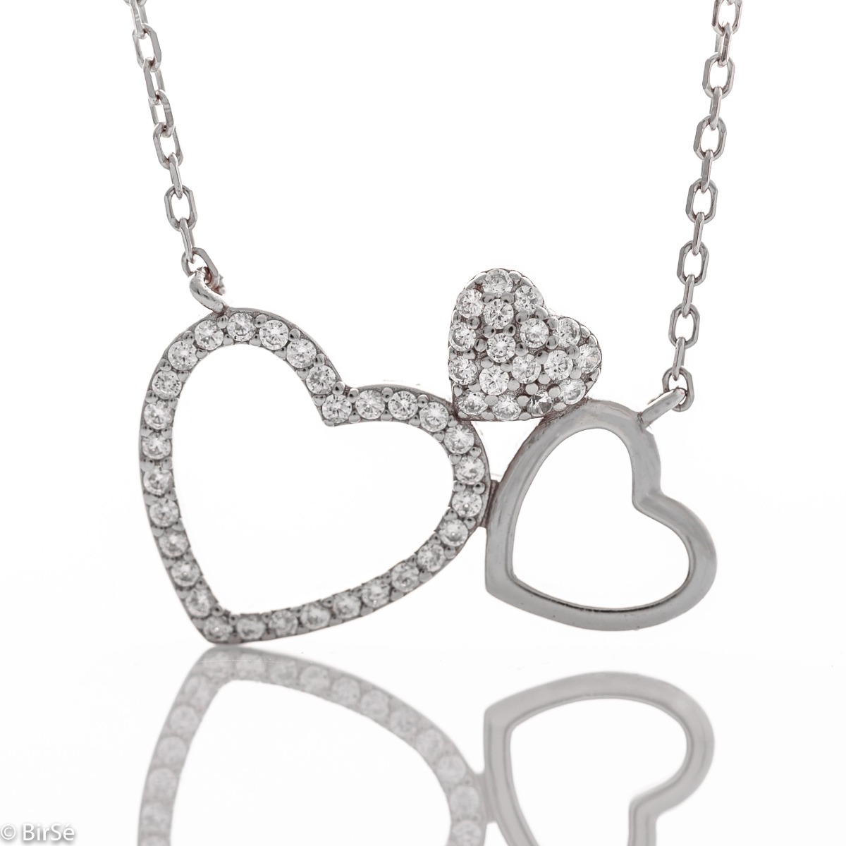 Delicate women's necklace with fine intertwined hearts and exquisite workmanship entirely of rhodium-plated silver, complemented by sparkling zircons.