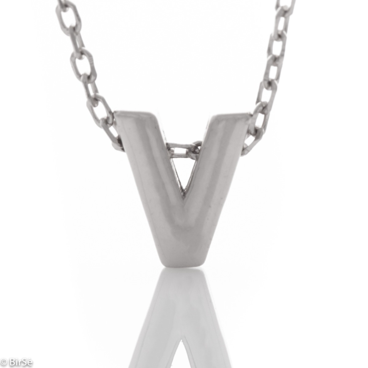 A simple necklace made of shiny rhodium silver with a beautiful letter V. The necklace is suitable for everyday wear in combination with various silver jewelry.