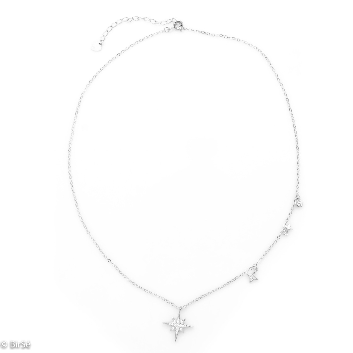 Charming women's necklace made of soft rhodium silver with exquisitely crafted star pendants, asymmetrically placed on one side of the chain.