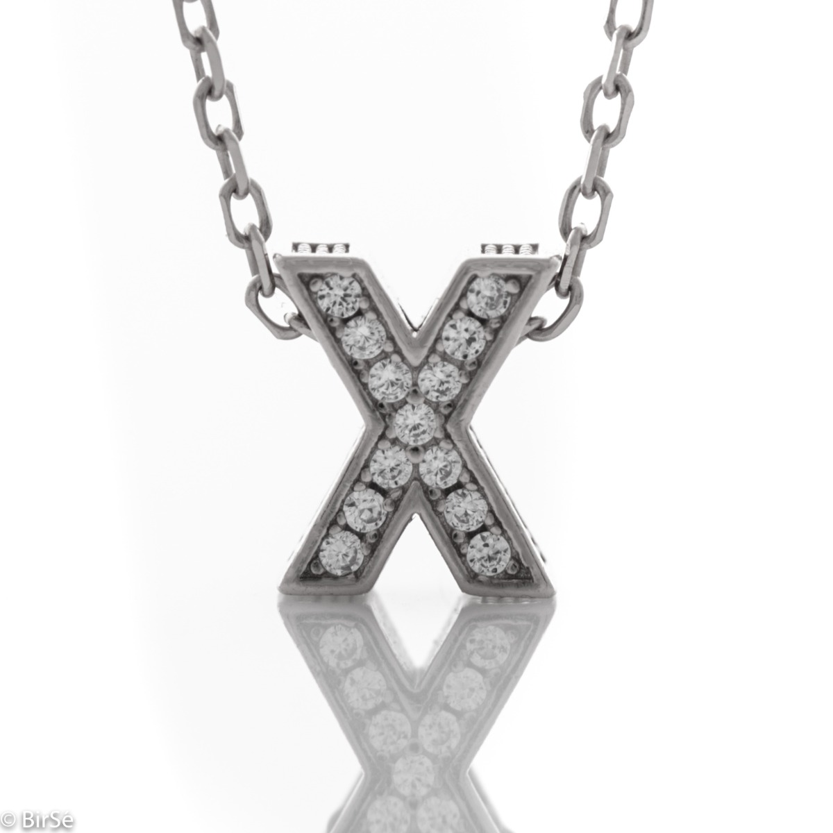 Finely crafted silver letter X necklace for women, all covered with glittering zircons. An attractive piece of jewelry in which the delicate beauty of rhodium-plated silver is skilfully combined with the brilliance of zircons.