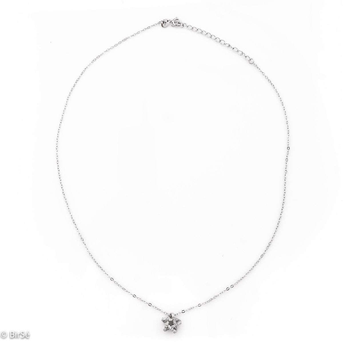 An elegant silver necklace with an accent of a spectacularly shaped star. Stylish composition made entirely of soft rhodium-plated silver, enhanced by the shine of white zircons.