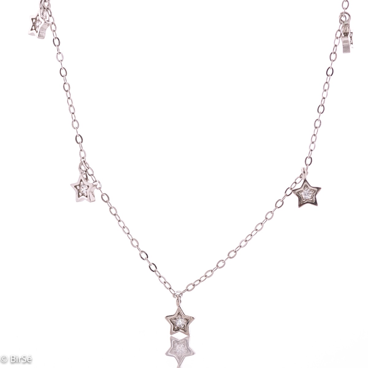 Extremely fine silver necklace with small star elements and delicate workmanship entirely of shiny rhodium-plated silver.