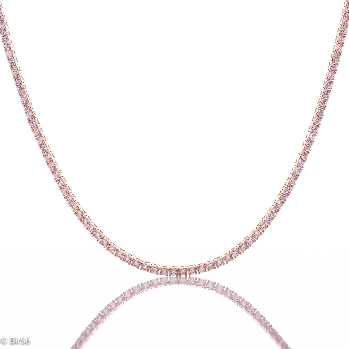 A charming and stylish women's necklace, with exquisitely crafted rose silver details, combined with dazzling zircons along the entire length of the jewelry. The necklace is very suitable for formal meetings and more special occasions.