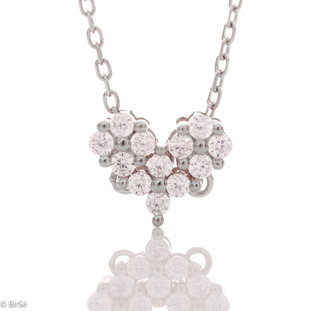 A charming delicate necklace with an abstract heart design, made entirely of fine silver and sparkling zircons.