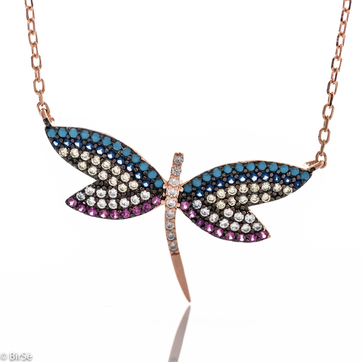 Add sparkle with a rose rhodium silver dragonfly necklace. Colorful sparkling zircons decorate the delicate elements of the jewelry. Dear Sirs, a gorgeous and creative gift for your significant other.