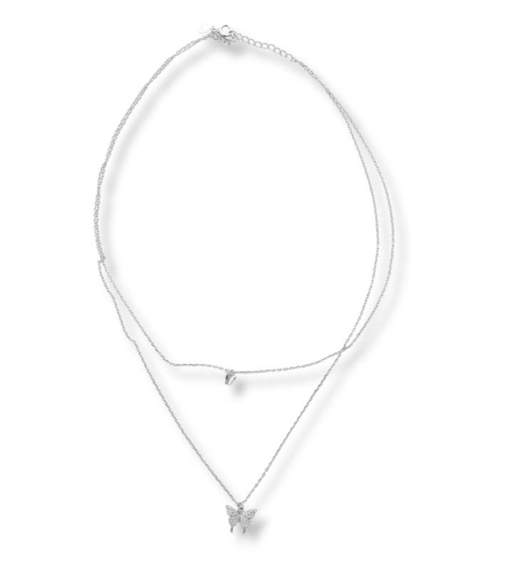 Tempting creation of women's necklace from fine rhodium silver with delicate butterflies and countless glittering zircons. The dainty butterflies are set on two rows of rhodium-plated sterling silver chains, and the extra extension allows for length adjus