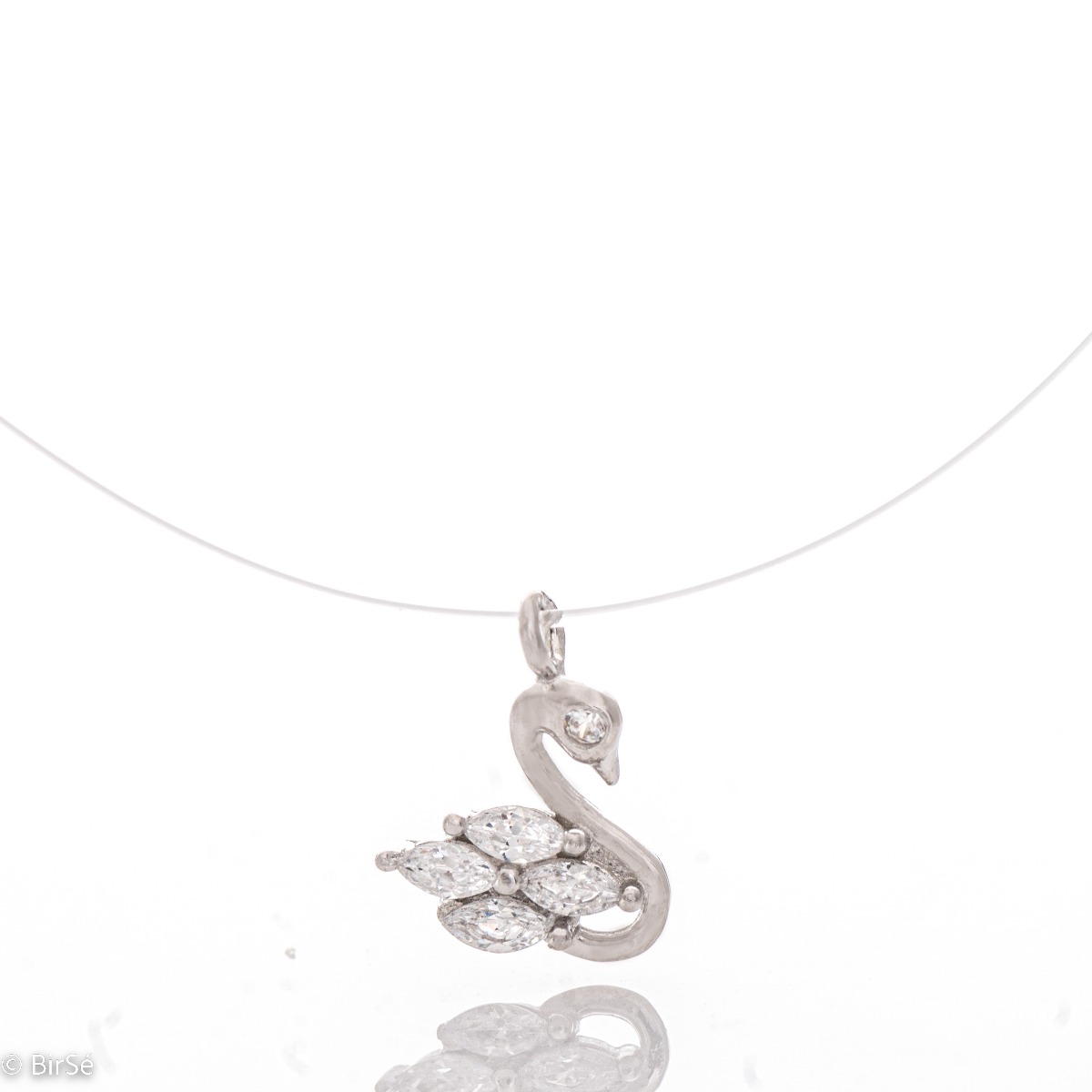 A charming necklace model, an offer from the new BirSe collection. The swan pendant is made of rhodium-plated silver, with exquisite wings of sparkling zircons. The chain has been replaced with a fine cord.