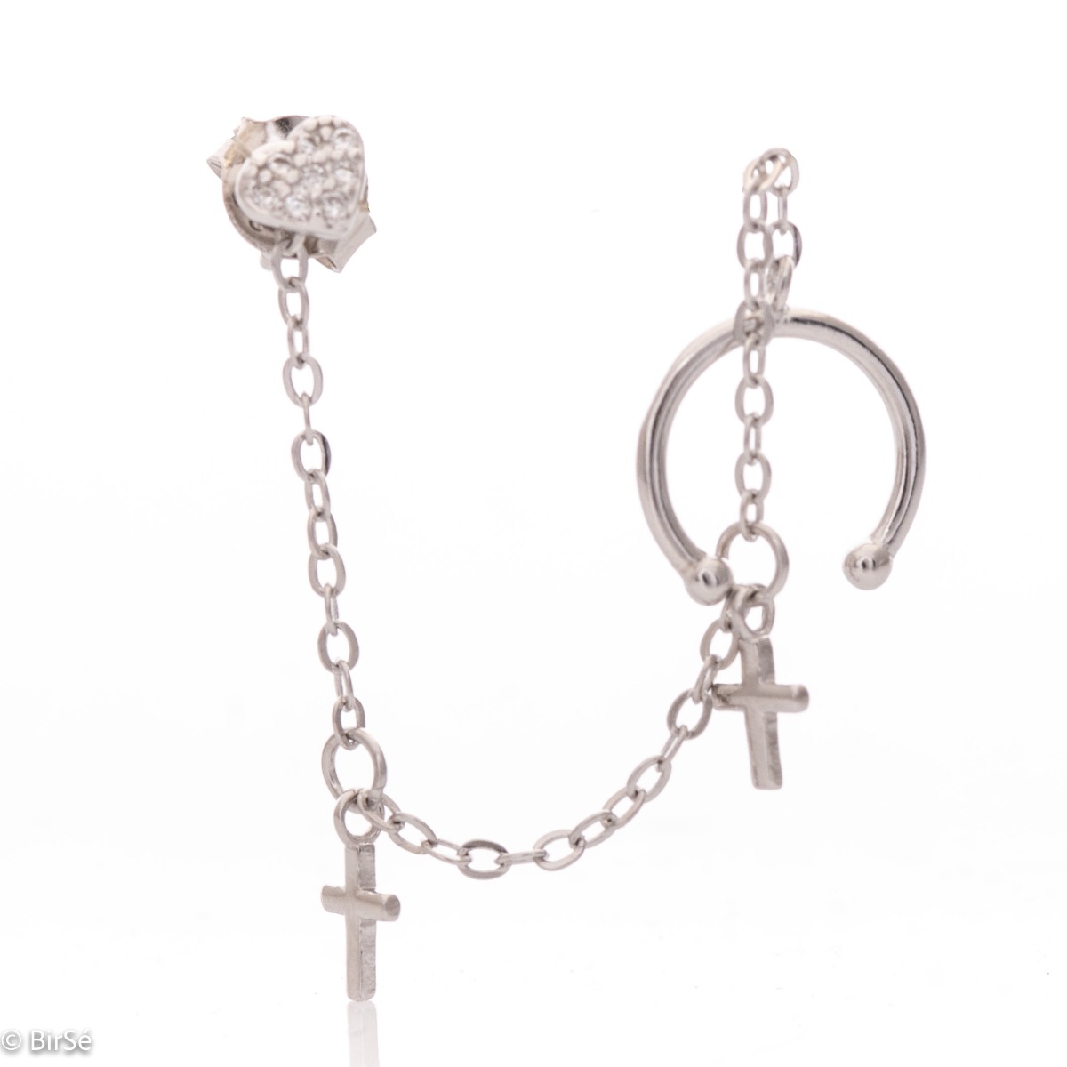 Tempting earring, with precise workmanship and extremely impressive pattern, decorated with delicate crosses on a fine chain of shiny rhodium silver. The extravagant earring can be combined with matching single stone models or as a second earring. The fas