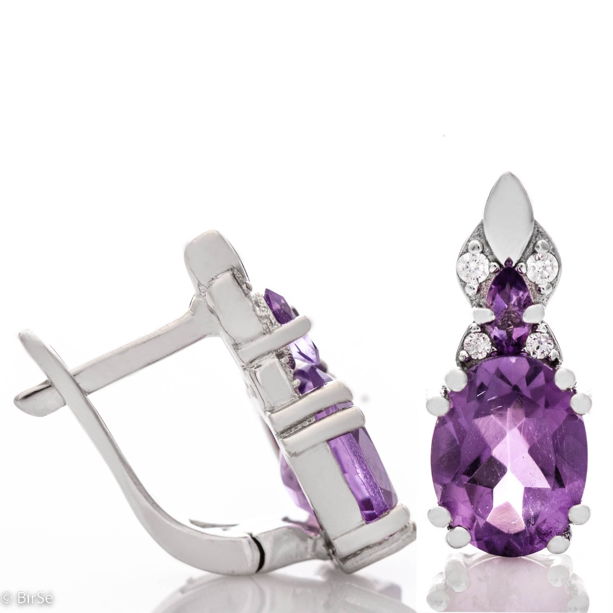 Spectacular craftsmanship in our new ladies English clasp earrings, combining beautiful rhodium silver with perfect natural amethyst stones and delicate zircons.