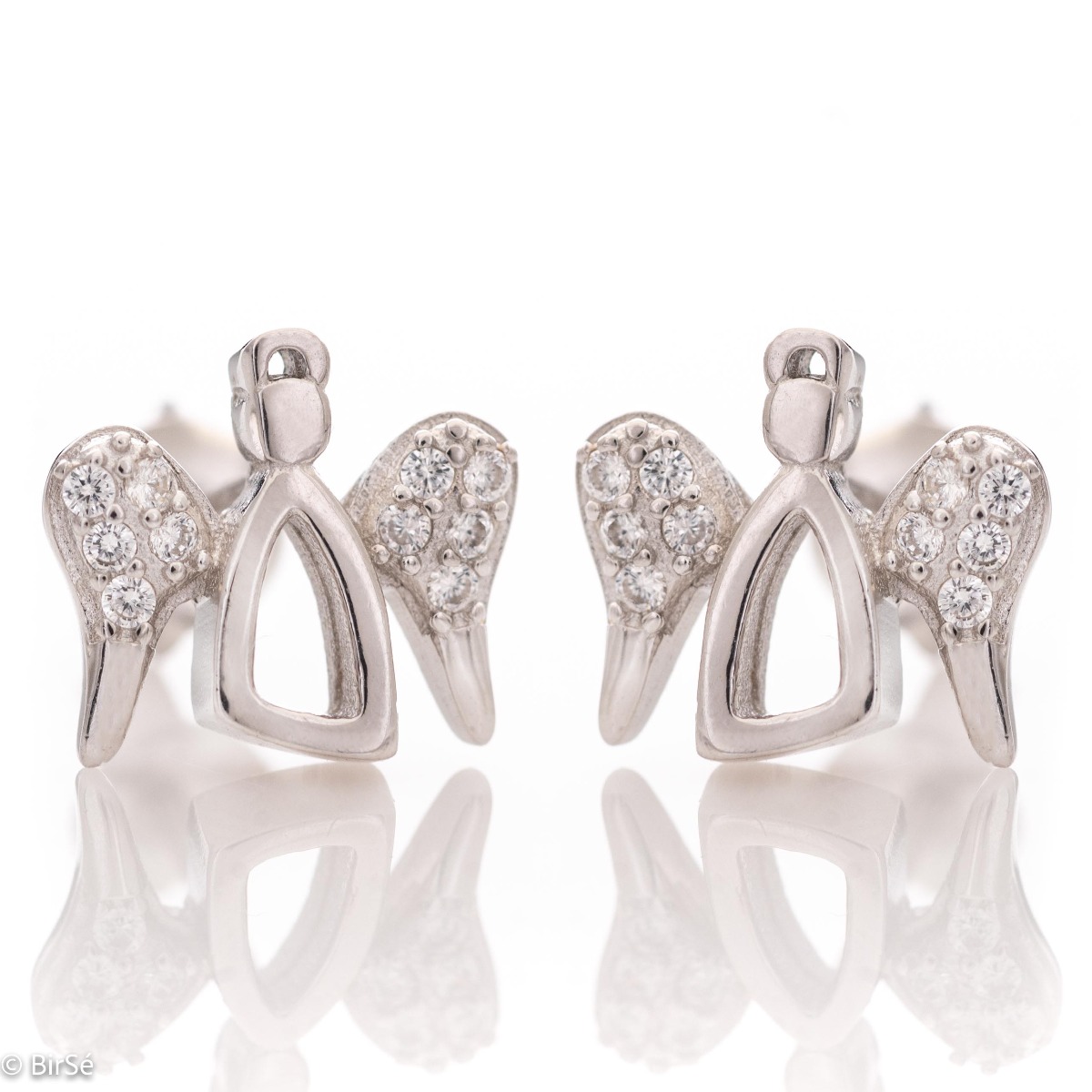 Charming angel earrings for women, masterfully crafted from fine rhodium silver with an elegant design. The elements are beautifully sculpted, dazzling zircons magically sparkle on the wings, and the pin fastening is comfortable and practical.