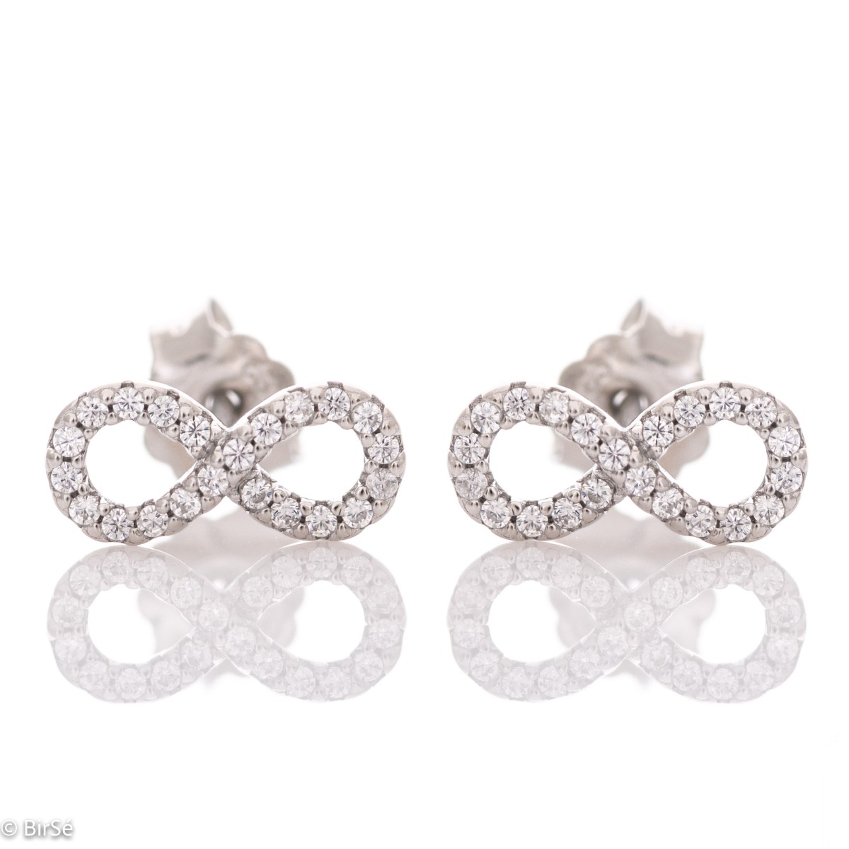 Spectacular craftsmanship of women's infinity stud earrings with a stylish design, all rhodium-plated silver, covered with delicate, sparkling zircons.