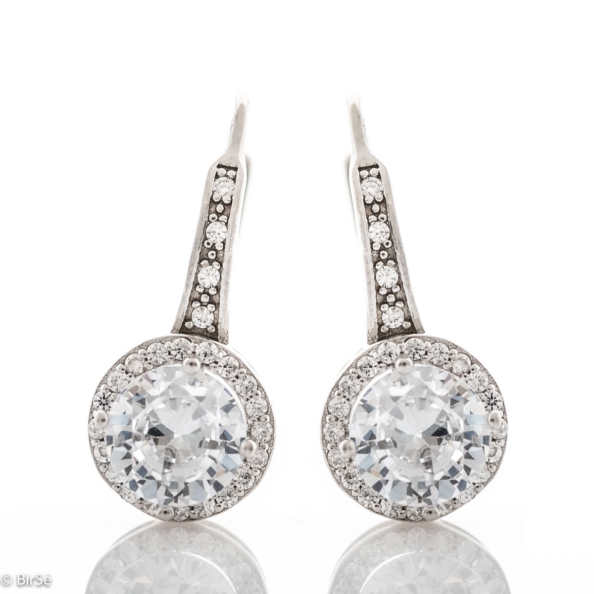 Extremely fine sterling silver earrings with a willow clasp and precise, slightly dangling craftsmanship, combining rhodium-plated silver with sparkling zircons.