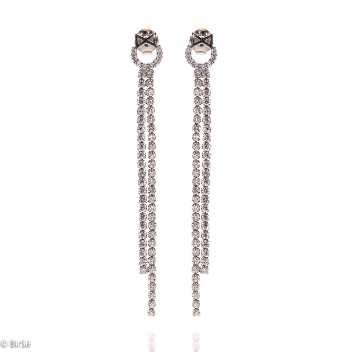 Stylish women's earrings, elegantly formed by two delicate silver chains, completely covered with sparkling zircons. The earrings are fastened with a pin, for greater convenience and security.