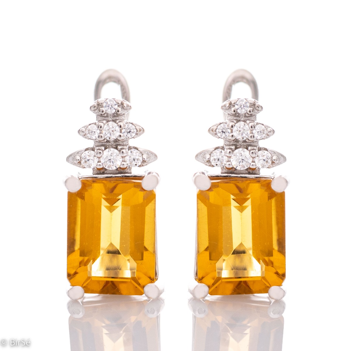 Fairytale magic – delicate rhodium silver earrings with English clasp, sun-gold citrine and zircons in an elegant design.