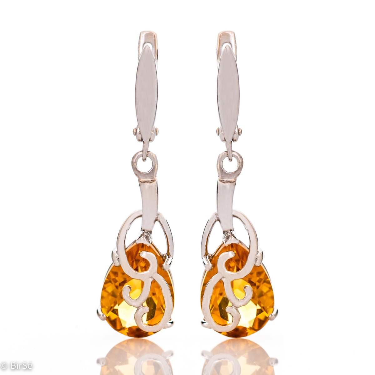 Elegant women's English clasp earrings featuring a radiant natural citrine stone intertwined with delicate rhodium-plated sterling silver craftsmanship. Part of a charming ring and pendant set.