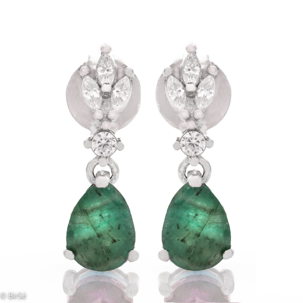 Natural Emerald Silver Earrings - Stunning silver earrings with a beautiful natural stone. Green emeralds, drop-shaped and accompanied by delicate sparkling zircons.