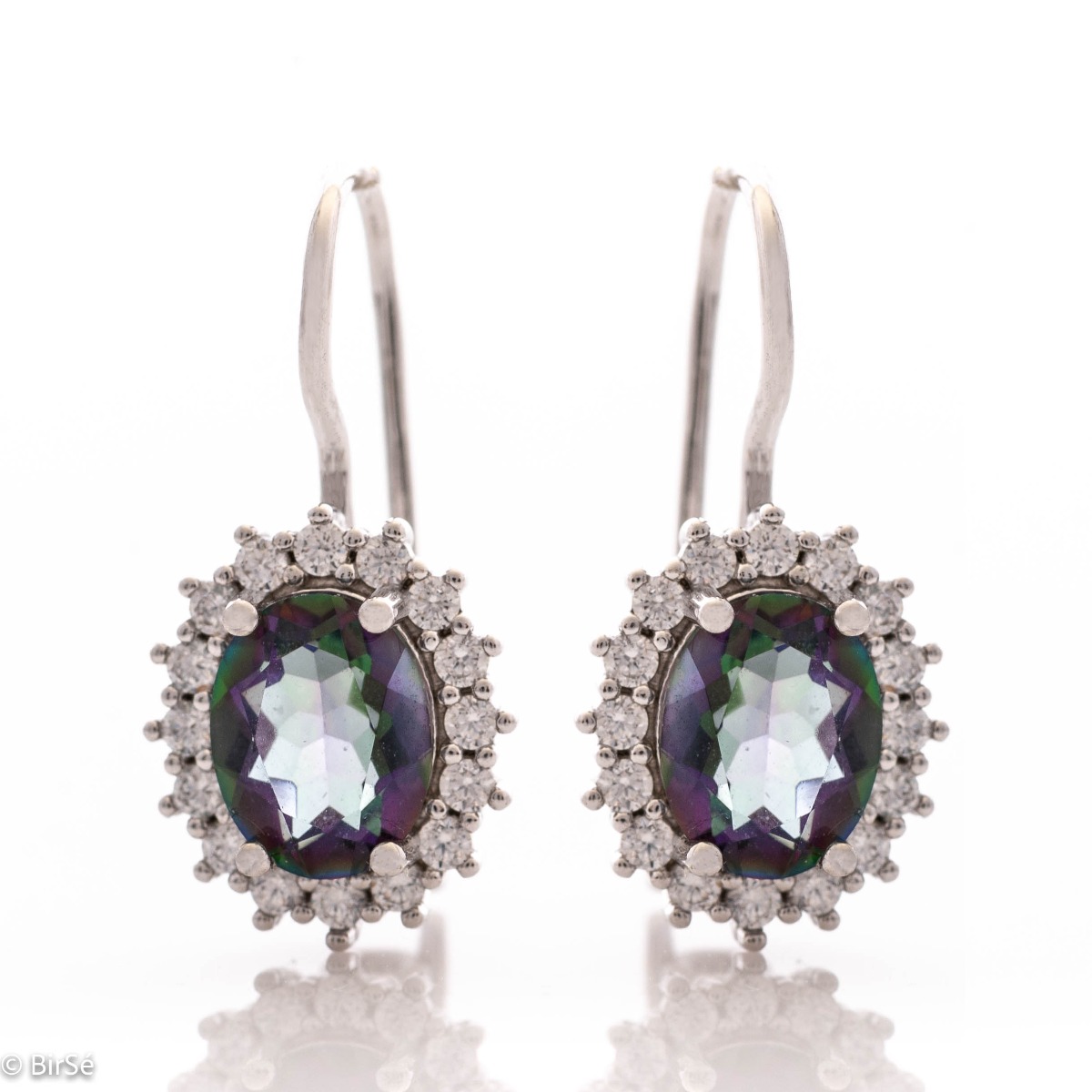 Captivating women's earrings with magnetic Mystic Topaz carefully surrounded by sparkling zircons. The earrings are made of rhodium silver with a comfortable willow clasp. A wonderful gift for the beloved wife, mother or girlfriend.