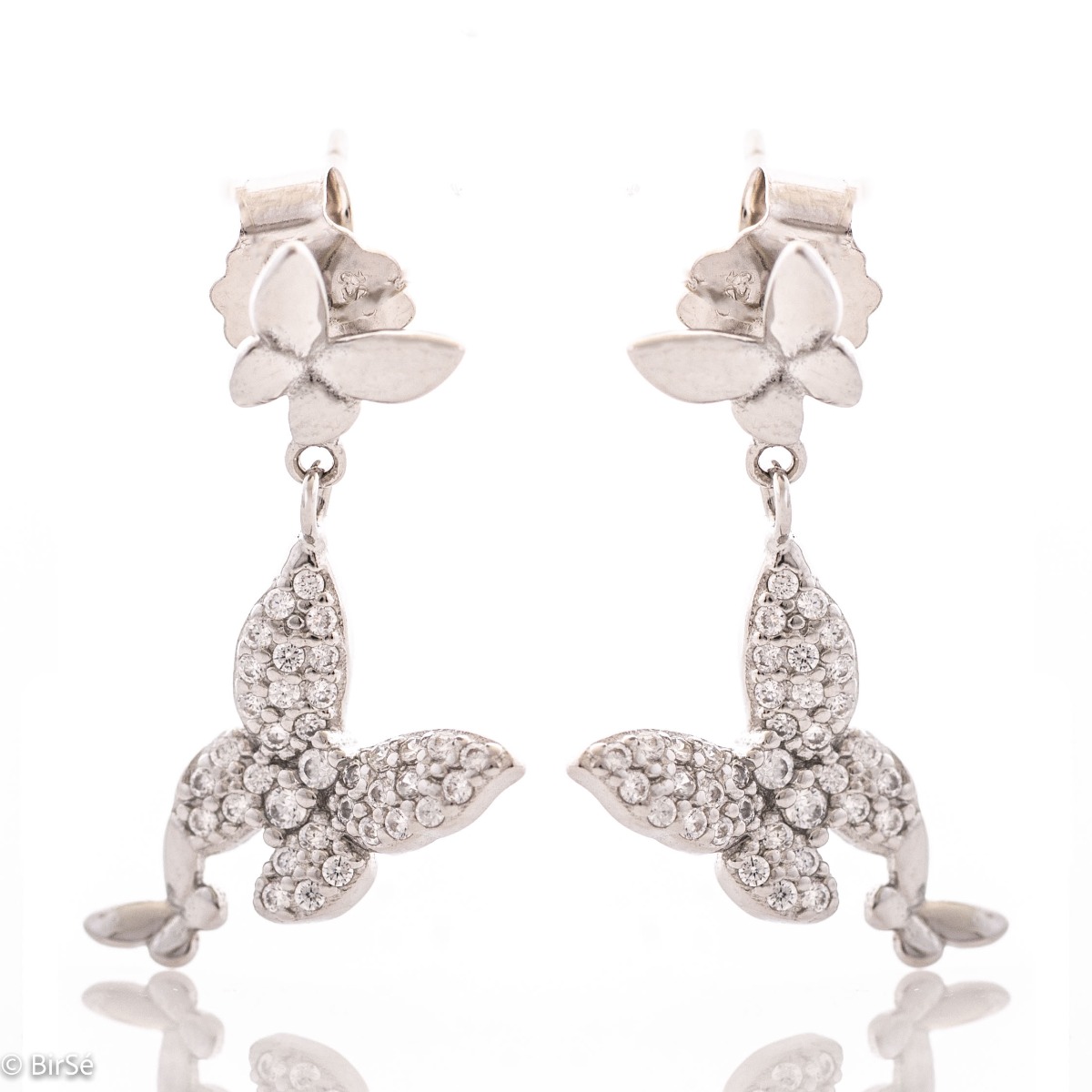 Elegant women's earrings made of rhodium-plated fine silver. Exquisite jewelry with dangling butterflies that are decorated with delicate zircons, stylish design and comfortable pin fastening. A wonderful gift for your beloved woman.