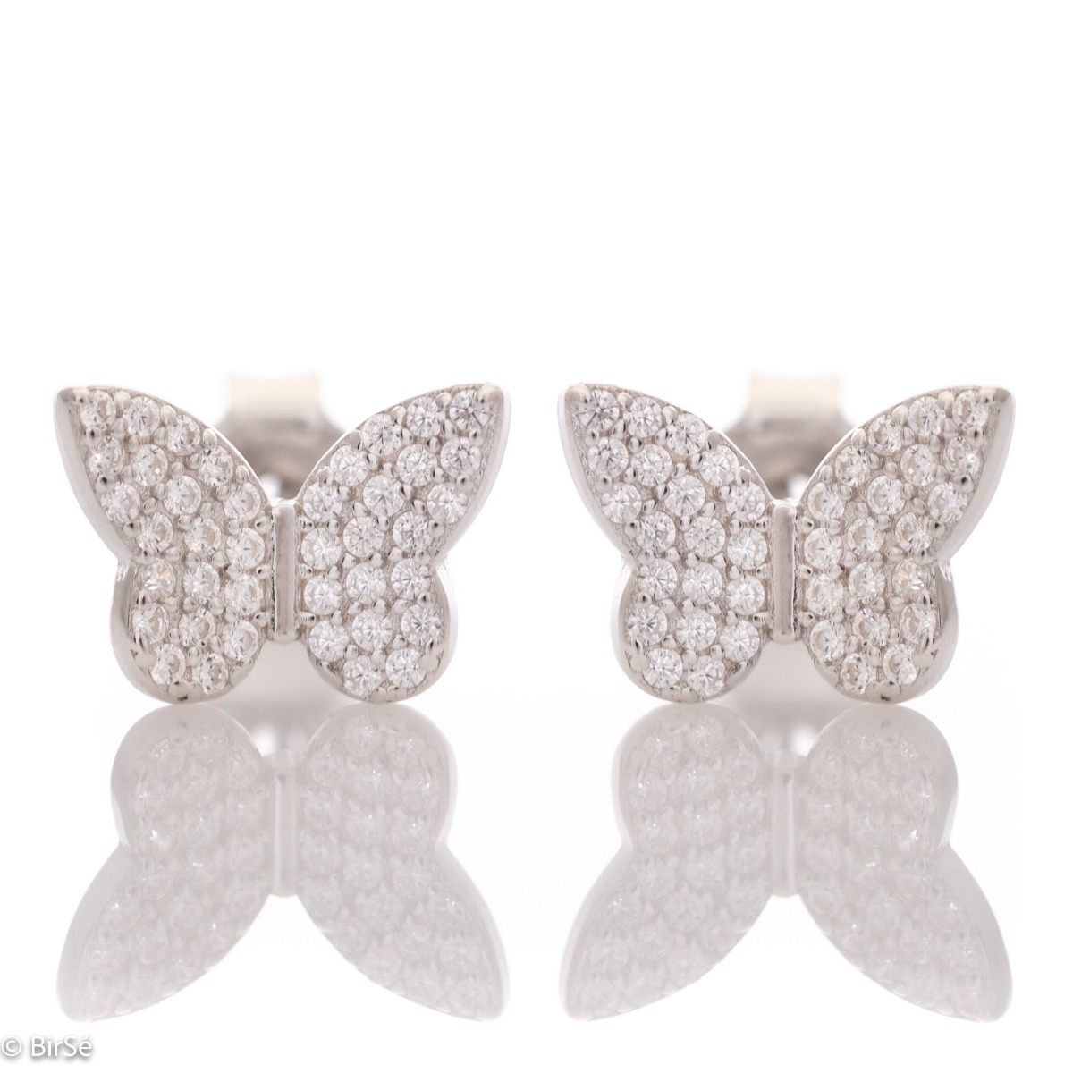 Delicate women's earrings in fine rhodium silver, with a designer shaped butterfly studded with sparkling zircons. The earrings are fastened with a pin - extremely convenient and secure. A suitable gift for the girl of your heart.