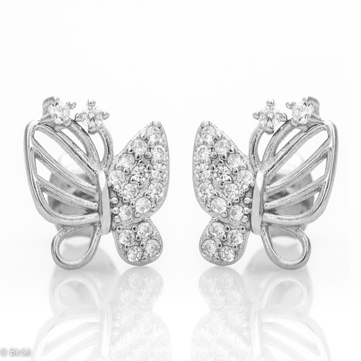 Give yourself a spring vibe with charming silver stud earrings. Choose the earrings made of rhodium silver and sparkling zircons, in the shape of an elegant butterfly.