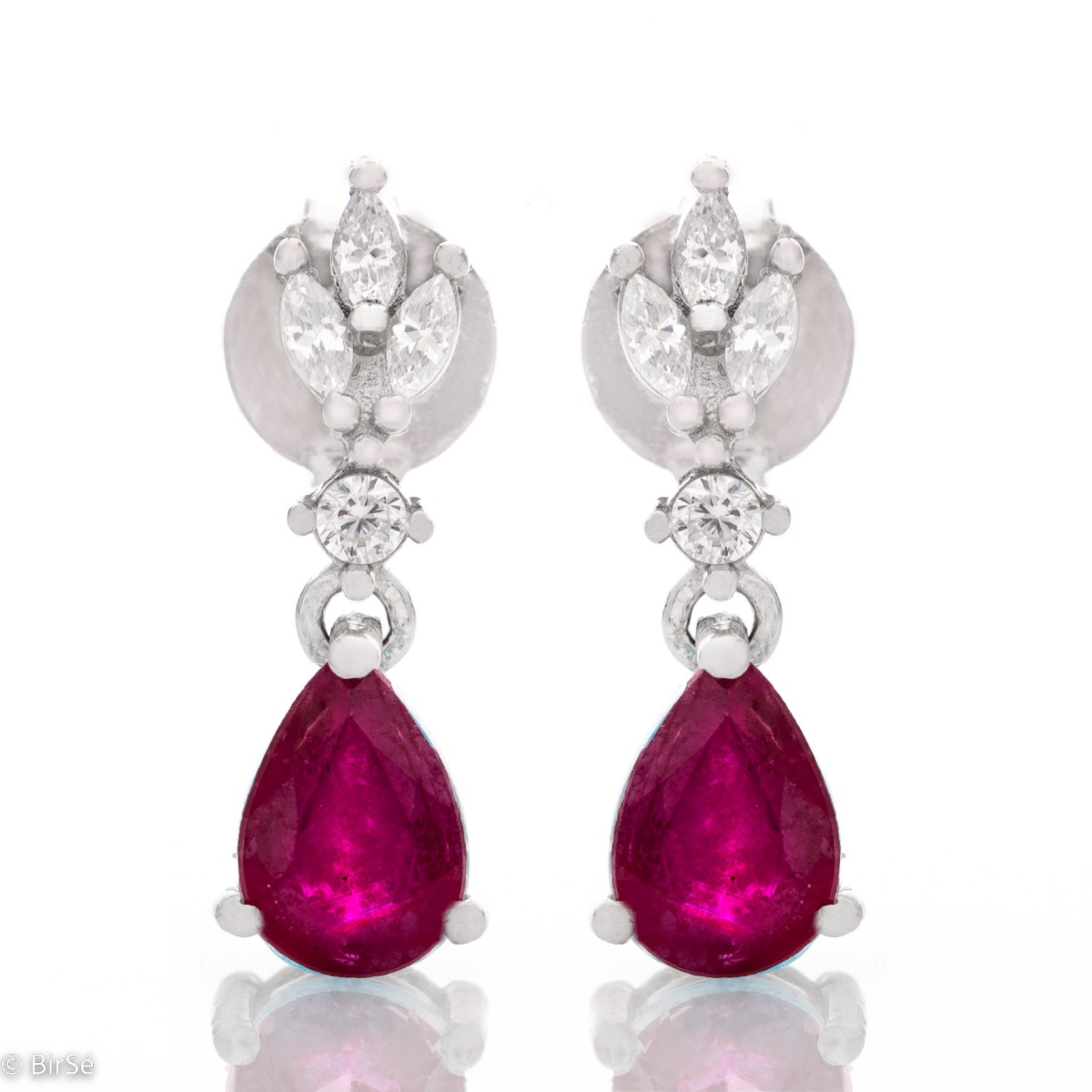 Natural Ruby Silver Earrings - Tempting drop shaped silver earrings. Delicate zircons give way to an incredible natural ruby, gathering all eyes.