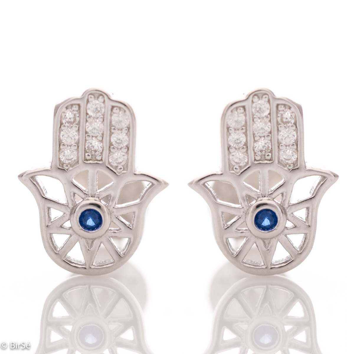 Charming women's earrings, masterfully crafted from fine rhodium silver with the Hand of Fatima symbol. A variety of cubic zirconias are beautifully attached to the main element which adds extra charm to the earrings.