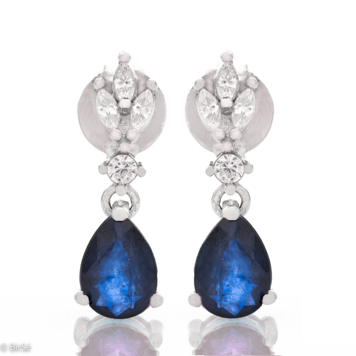 Natural Sapphire Silver Earrings - Stunning sterling silver earrings with a beautiful natural stone, a magnetic drop-shaped sapphire and a company of delicate sparkling cubic zirconias.