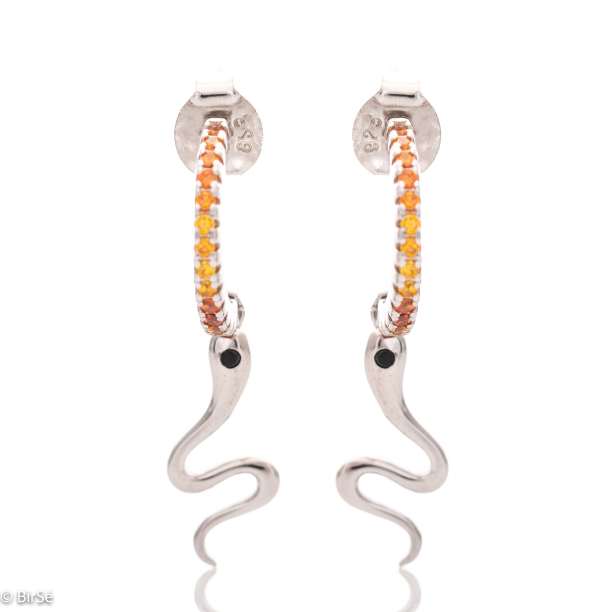 Extravagant women's earrings with an interesting design - a snake pendant, completely formed by combining rhodium-plated silver with colorful zircons. The fastening is with a pin - comfortable and practical. A beautiful look for your special moments with 