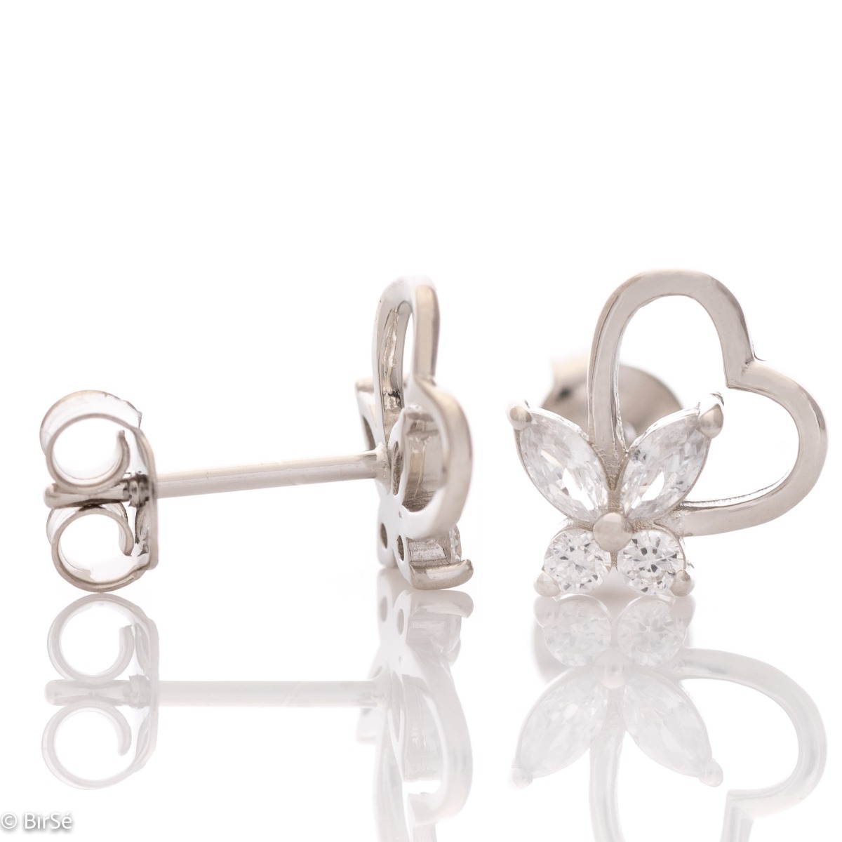 Delicate women's earrings in finely rhodium-plated sterling silver, expertly crafted into a pair of lovely hearts, perched atop dazzling cubic zirconia butterflies. The earrings are fastened with a pin - extremely comfortable and practical. A suitable gif