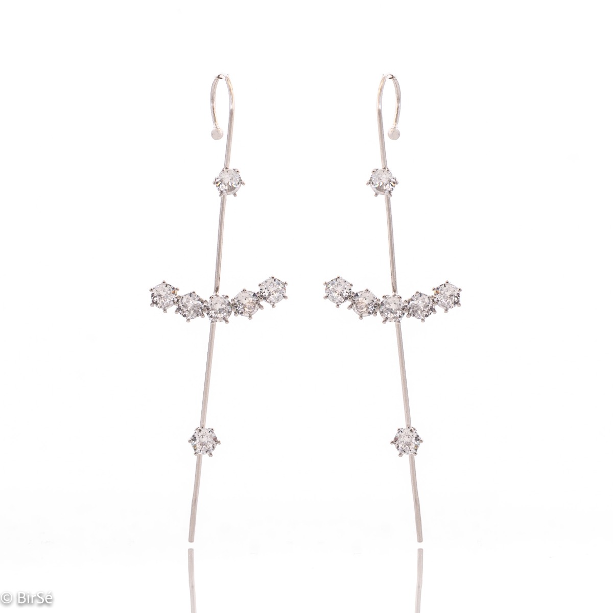 Exotic women's pierced earrings, masterfully crafted from fine rhodium silver with an elegant design. The elements are beautifully sculpted, dazzling zircons magically sparkle on the silver, and the clasp is comfortable and practical.