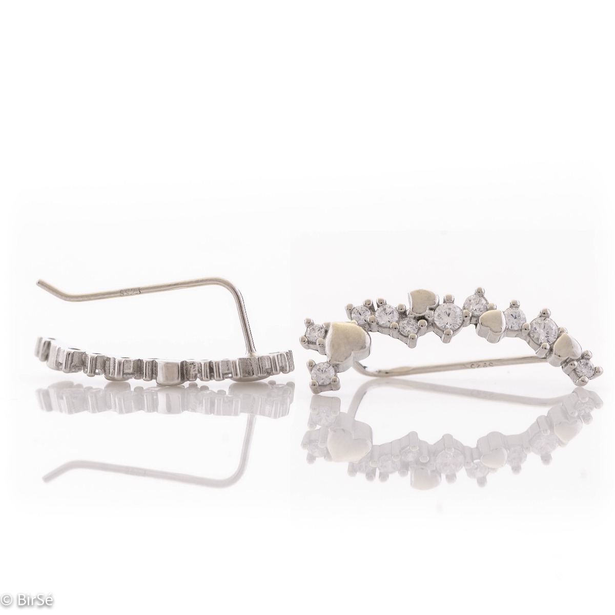 Elegant women's earrings - hairpins, entirely made of fine rhodium-plated silver with a slightly curved shape resembling a rainbow. Delicate silver hearts in the company of sparkling zircons form the charming look of the earrings.