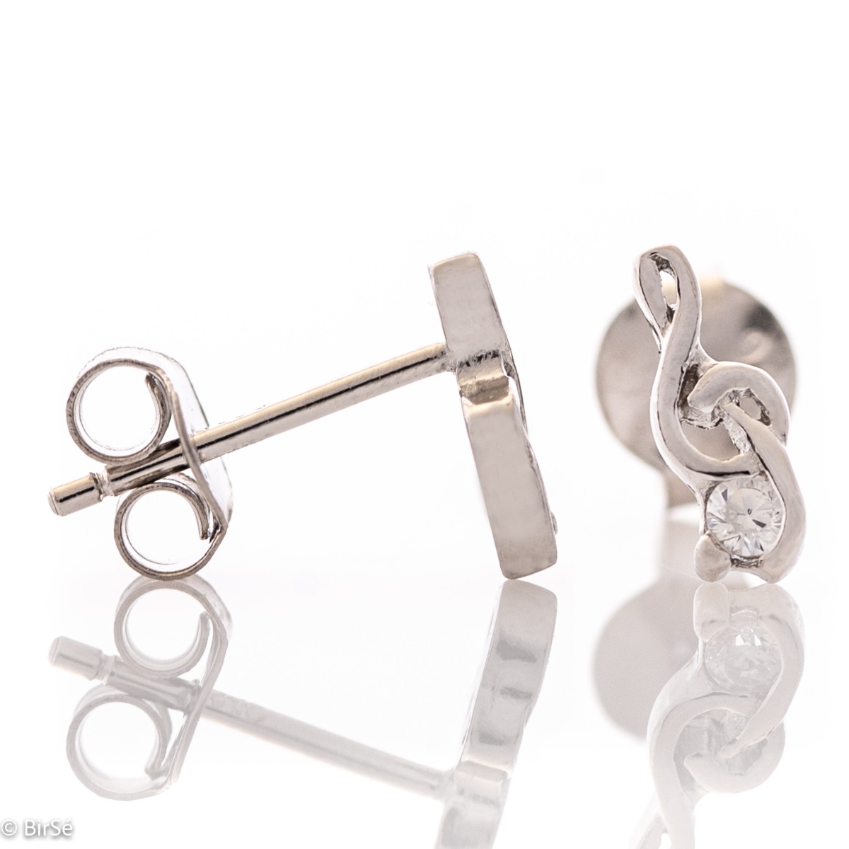 Charming soft rhodium silver note shaped earrings encrusted with zircons. The earrings are suitable for anyone connected with music. Pin fastening is comfortable and secure.