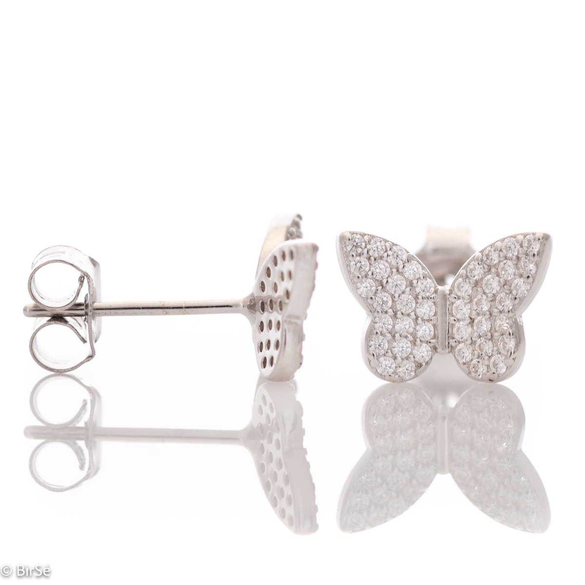 Delicate women's earrings in fine rhodium silver, with a designer shaped butterfly studded with sparkling zircons. The earrings are fastened with a pin - extremely convenient and secure. A suitable gift for the girl of your heart.