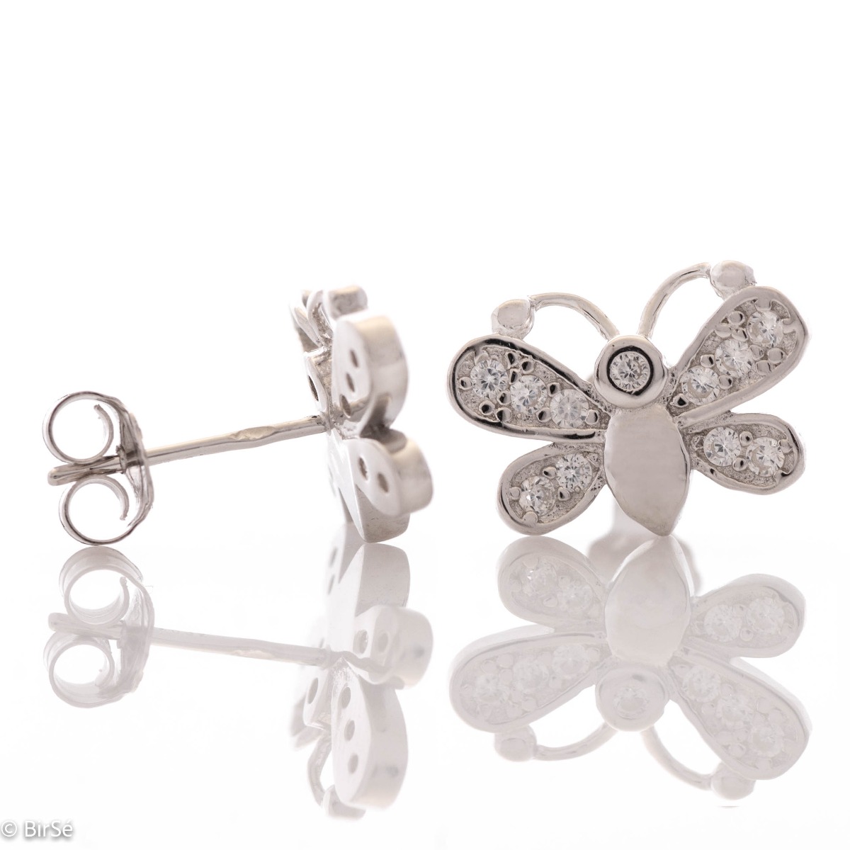 Exotically exquisite butterfly earrings in rhodium silver, elegantly decorated with zircons. Pin fastening for convenience and security. They go well with jewelry with butterflies and zircons.