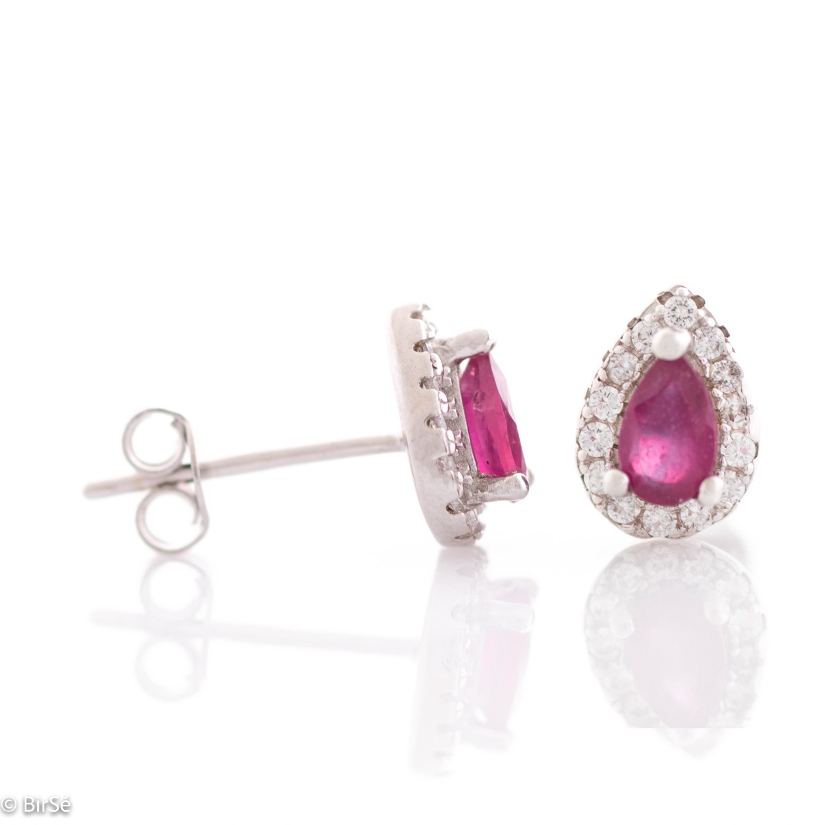 Radiant stud earrings delicately crafted in a teardrop shape and finely rhodium-plated sterling silver, complemented by exquisite natural rubies and sparkling zircons.